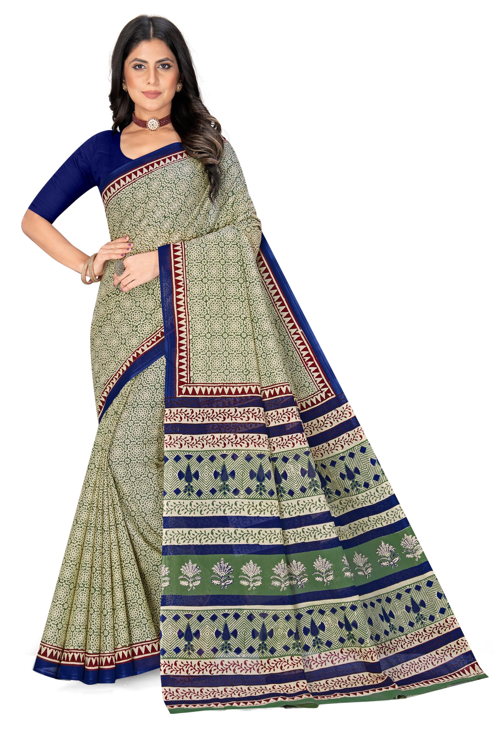 Tamaira Fashion Women's Hand Block Printed Pure Cotton Mulmul Saree Without Blouse Piece(2507_Sagegreen)