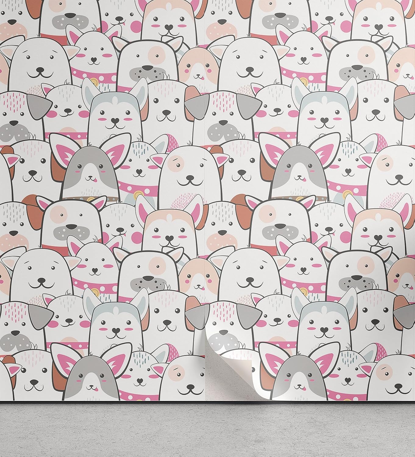 Ambesonne Dogs Peel & Stick Wallpaper for Home, Funny Animal Portraits with Smiles on Their Faces Cartoon Puppies Kawaii, Self-Adhesive Living Room Kitchen Accent, 13" x 100", Pink Grey and White