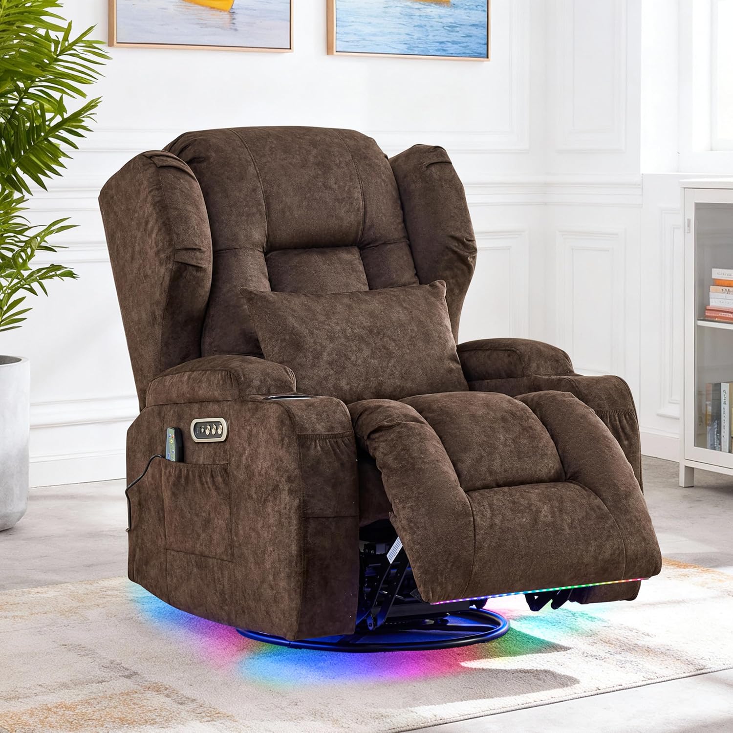 BINGTOO Dual Motor Power Swivel Rocker Recliner Chair with Massage & Heat, Electric Wall Hugger Glider Chair for Adults, Nursery with LED Lights, USB-C Ports & Cup Holders, Velvet Brown, 1 Chair