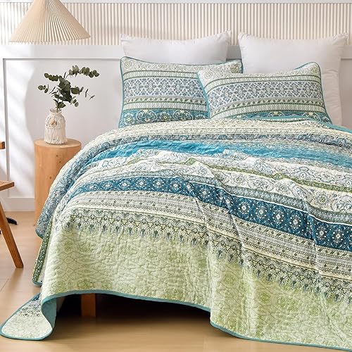 Miniatura 8 de WONGS BEDDING Juego de edredón bohemio tamaño Queen, juego de edredón de 3 piezas de rayas bohemias de Navidad, juego de edredón de microfibra