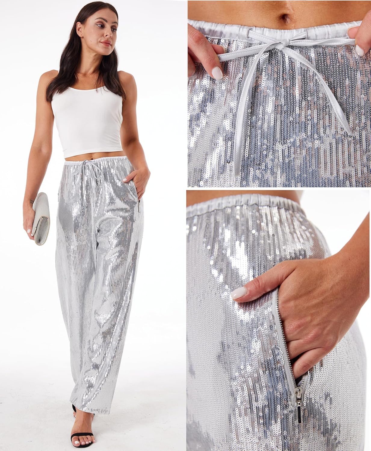 Women's Sequin Pants Shiny Sparkly Party Club Night Out Metallic Casual Wide Leg Pants Trousers - Image 3