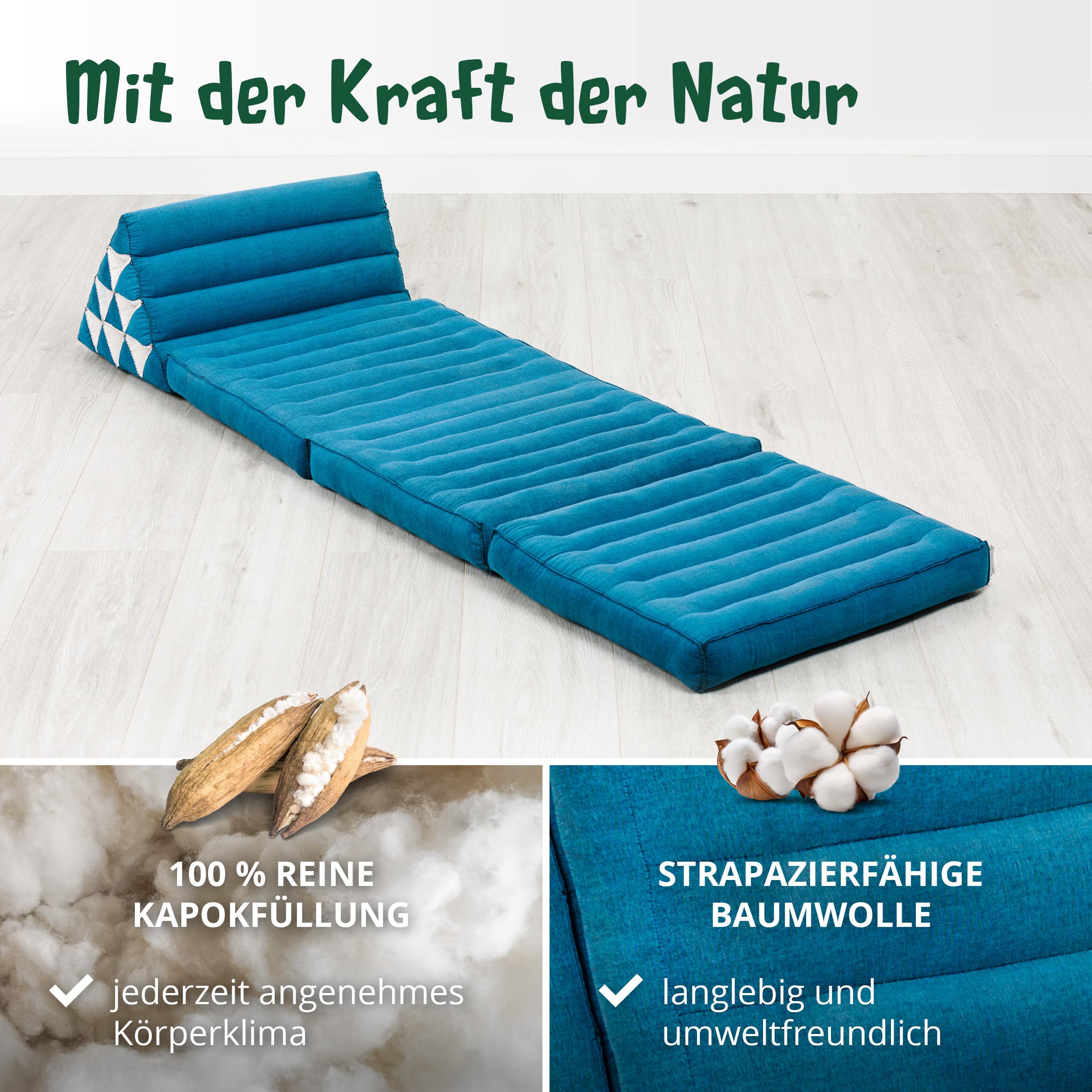 livasia Thaikissen 3 Auflagen einfarbig - 175x50x8cm - Dreieckskissen Klappmatratze, Keilkissen Kapok, Rückenkissen faltbar, Thaimatte Klappen, handgefertigt, Meditationskissen (Hellblau Uni)