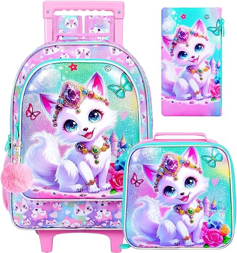 3Pcs Rolling Backpack for Girls, Kids Roller Backpacks with Wheels, Wheeled Bookbag with Lunch Box for School