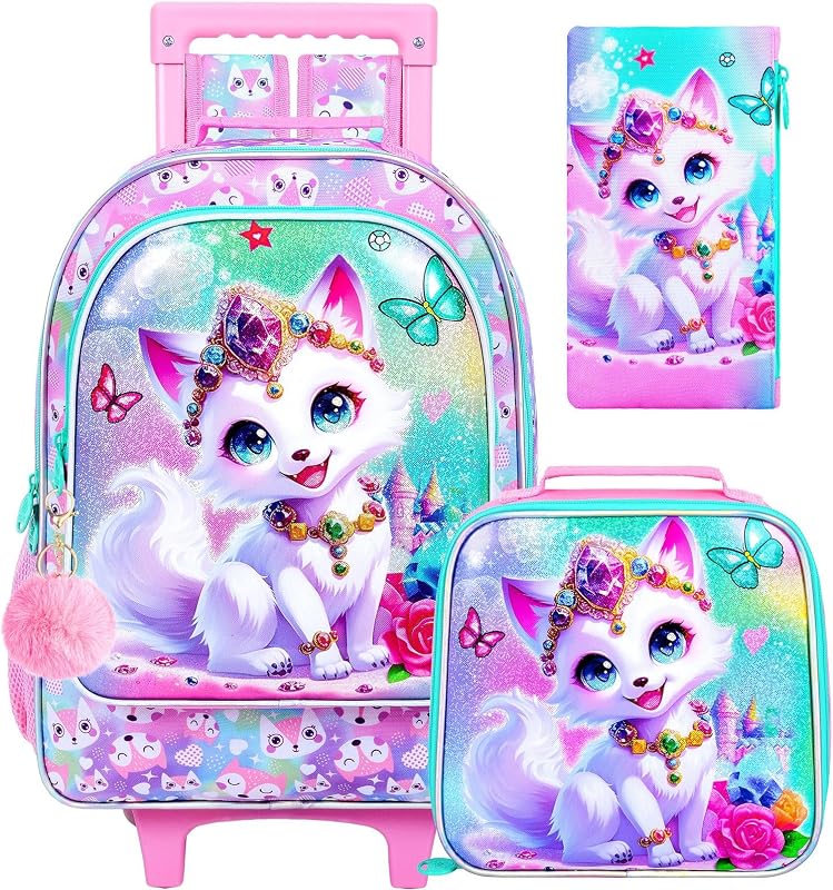 3Pcs Rolling Backpack for Girls, Fox Kids School Backpacks with Wheels, Roller Bookbag with Lunch Box for Elementary Preschool(White)