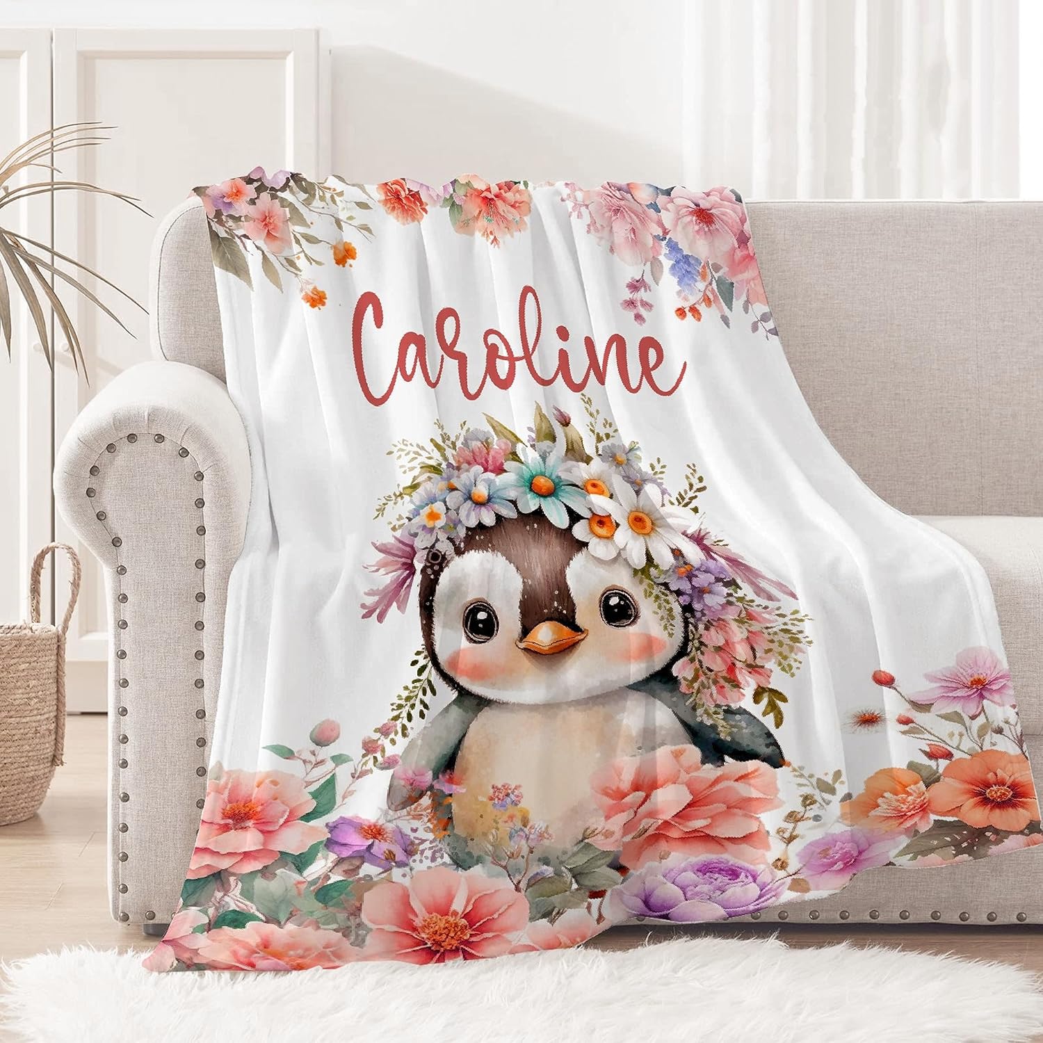 Custom Baby Name Penguin Blanket Soft Flannel Fuzzy Warm Plush Lightweight Throw for Couch Sofa Bed Office Camping Good Gift for Kid Boy Girl Teen 50''x 60'' for Teens