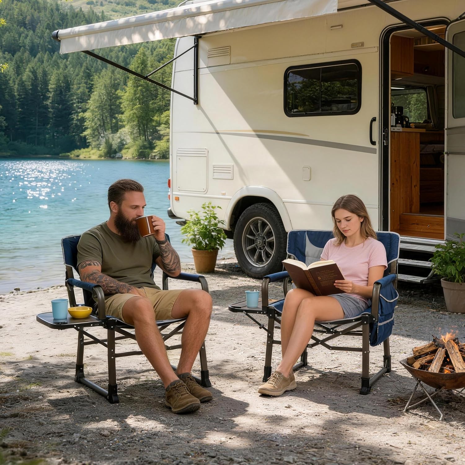 SUNNYFEEL Oversized Camping Directors Chair Blue Portable Folding Chair for Adults Support 600lbs with Side Pocket and Side Table for Beach, Fishing, Trip, Picnic, Lawn, Outdoor Foldable Camp Chairs