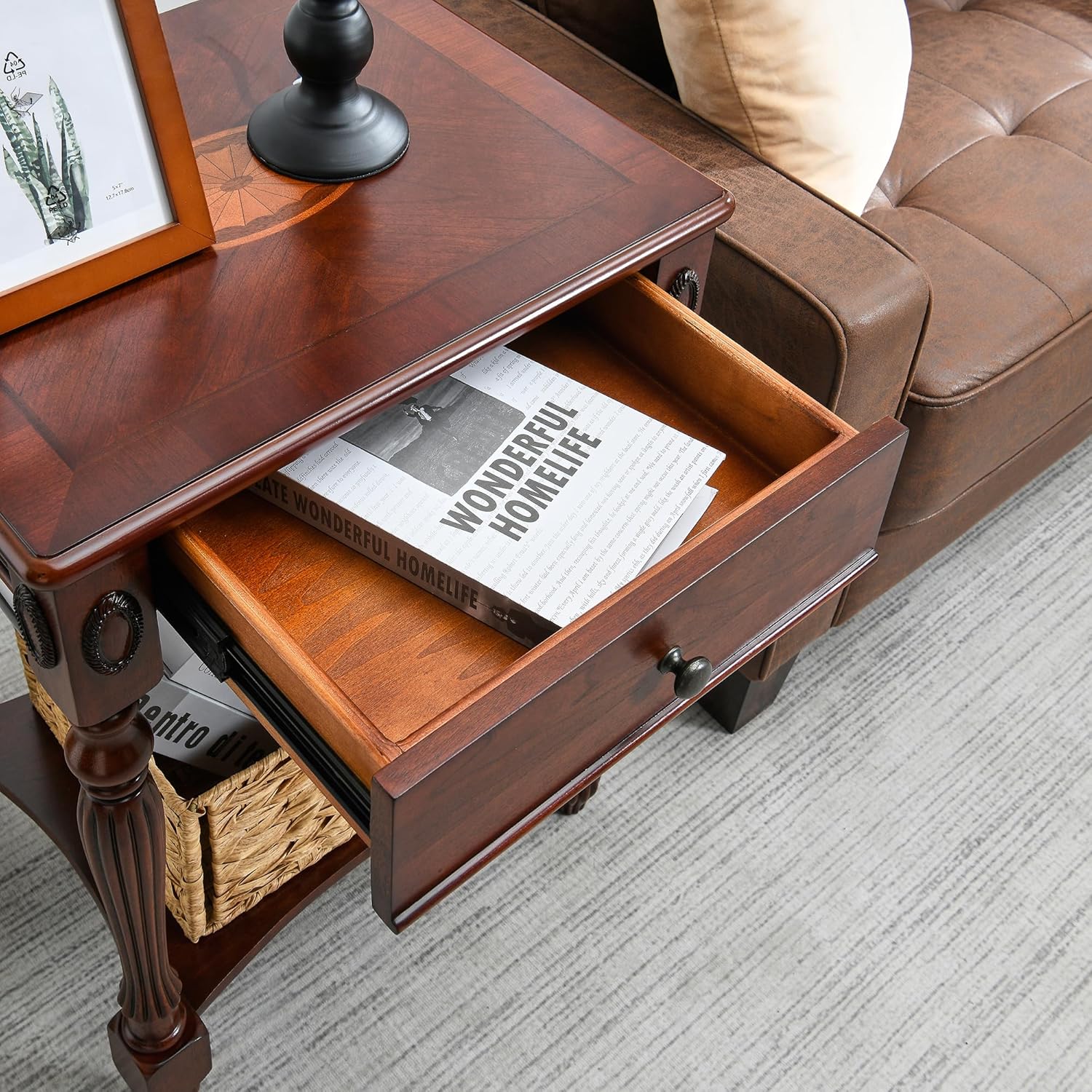 MODERION Solid Wood Side Table with Drawer and Storage Shelf, Traditional End Table, Narrow Telephone Nightstand, Carvings Elegant Vintage, for Living Room, Bedroom, Office Cherry Walnut GBJ1533WD