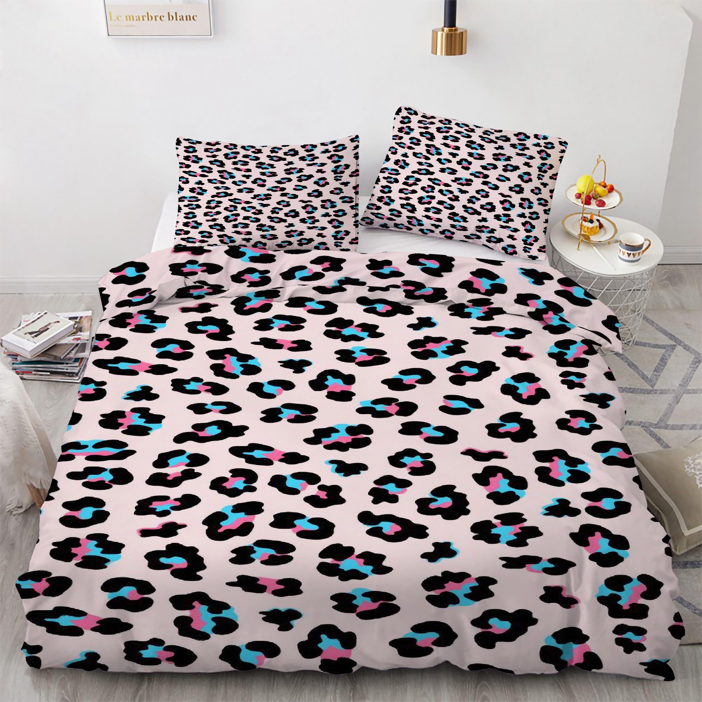 Housse de couette 200x200 bleu anti-plis en microfibre douce parure lit léopard