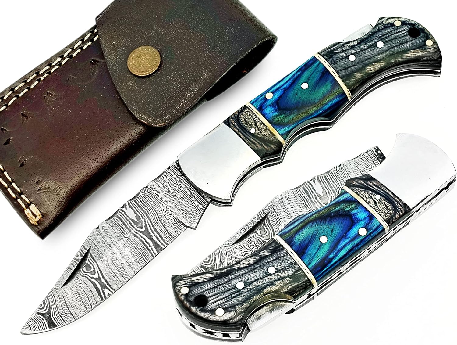 Damascus Steel Pocket Knife, Handmade Premium Quality folding Knife for men,Outdoor knife for Camping, Hiking, Back Lock Blade, with lether pouch (blue/black) (OB-09)