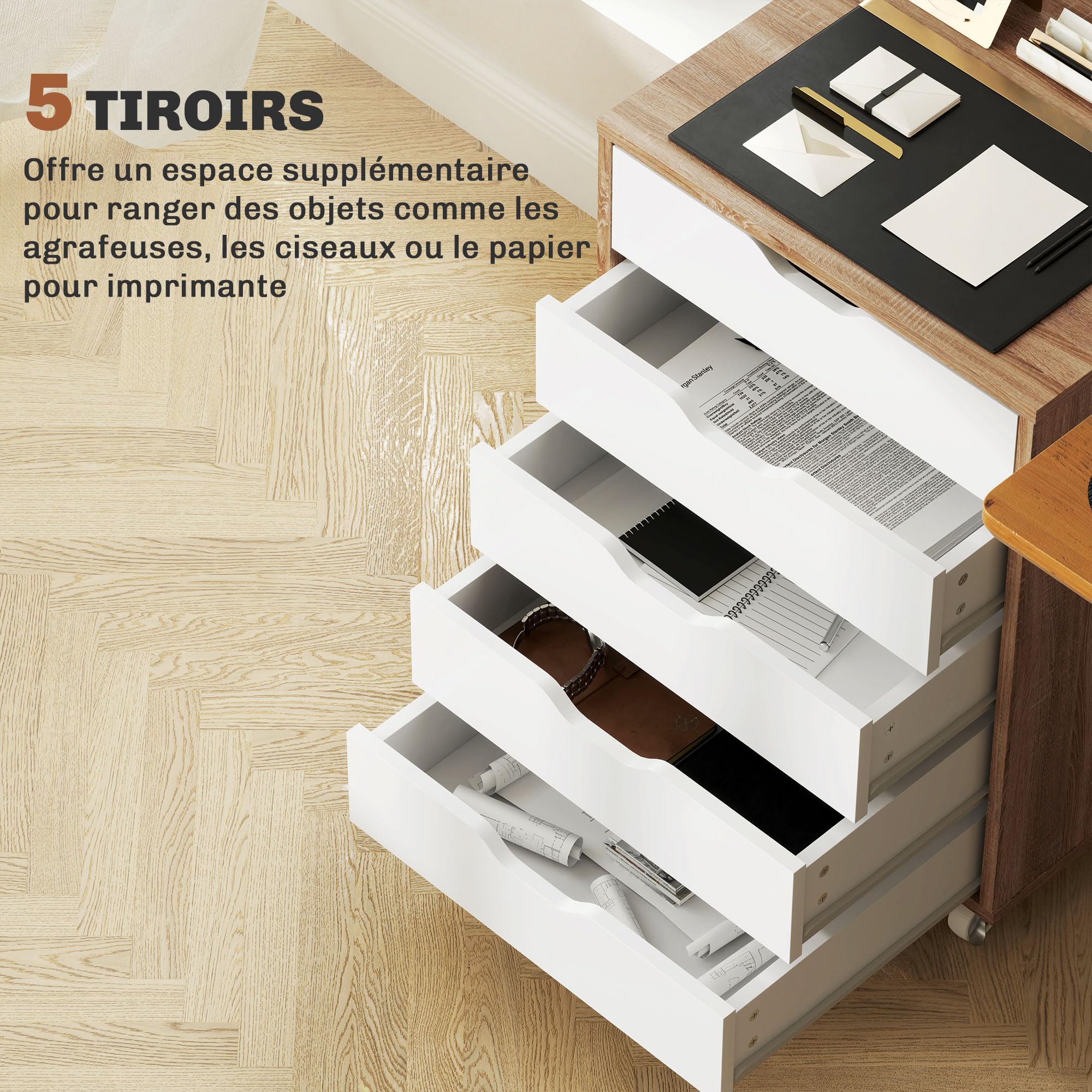 Vinsetto Caisson Bureau Mobile avec 7 Tiroirs 47,5x39,5x90cm Blanc Chêne | Meuble Rangement Bureau sur Roulettes pour Documents et Imprimante, Caisson de Rangement pour Travail ou Chambre