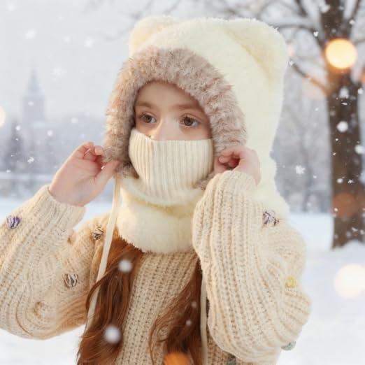 Kids Winter Hat Scarf Mask Set - Cute Bear Knit Warm Plush