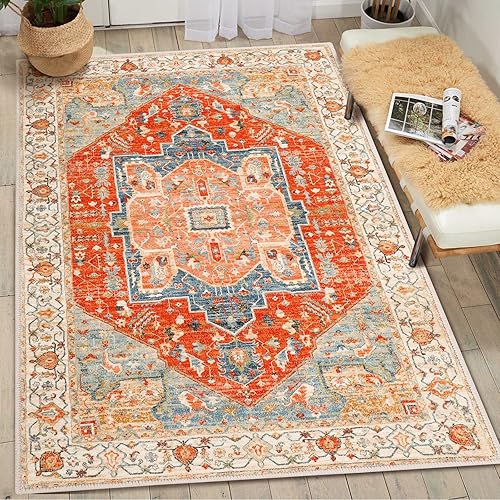 Alfombra bohemia de 3 x 5 pies, lavable, vintage, para interiores, con estampado, antideslizante y plegable, exquisita alfombra de imitación de