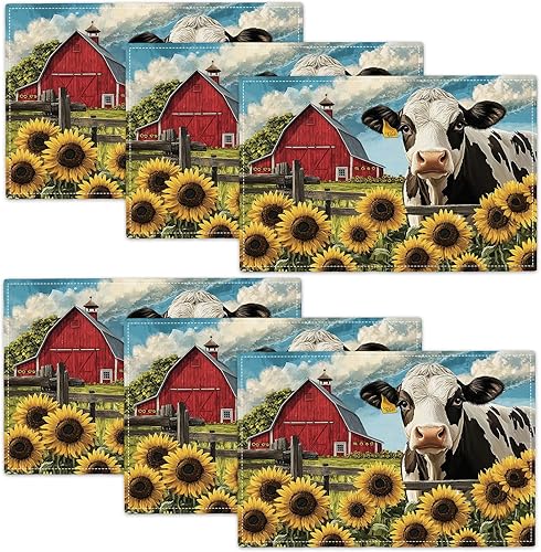 Miniatura 51 de Juego de 6 manteles individuales de flores amarillas de granja, manteles individuales rústicos florales, manteles individuales de primavera lavables