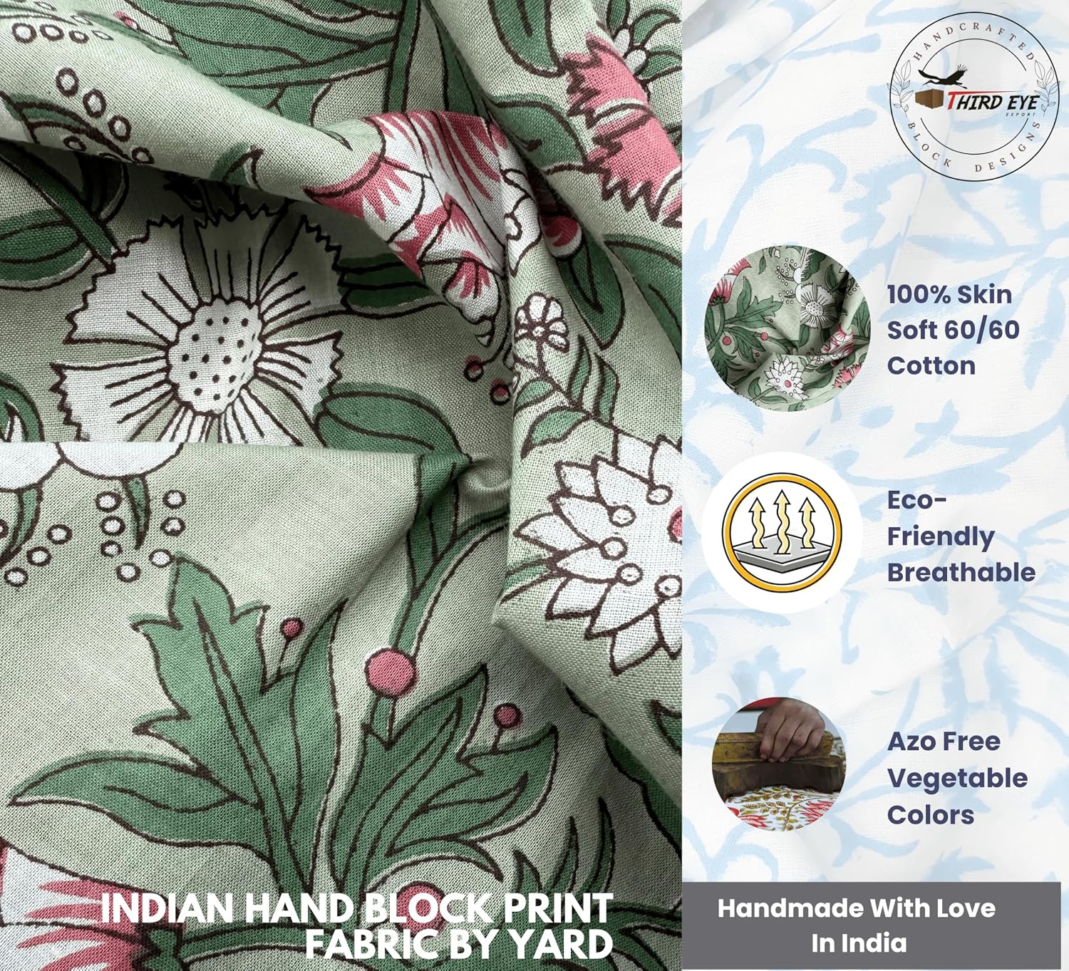Indian Hand Block Print 60/60 Green 100% Cotton Fabric by The Yard, Lightweight Floral Quilting & Sewing Fabric for Dressmaking, Upholstery & DIY Craft (TS-127 Green, 5 Yard Pre Cut)