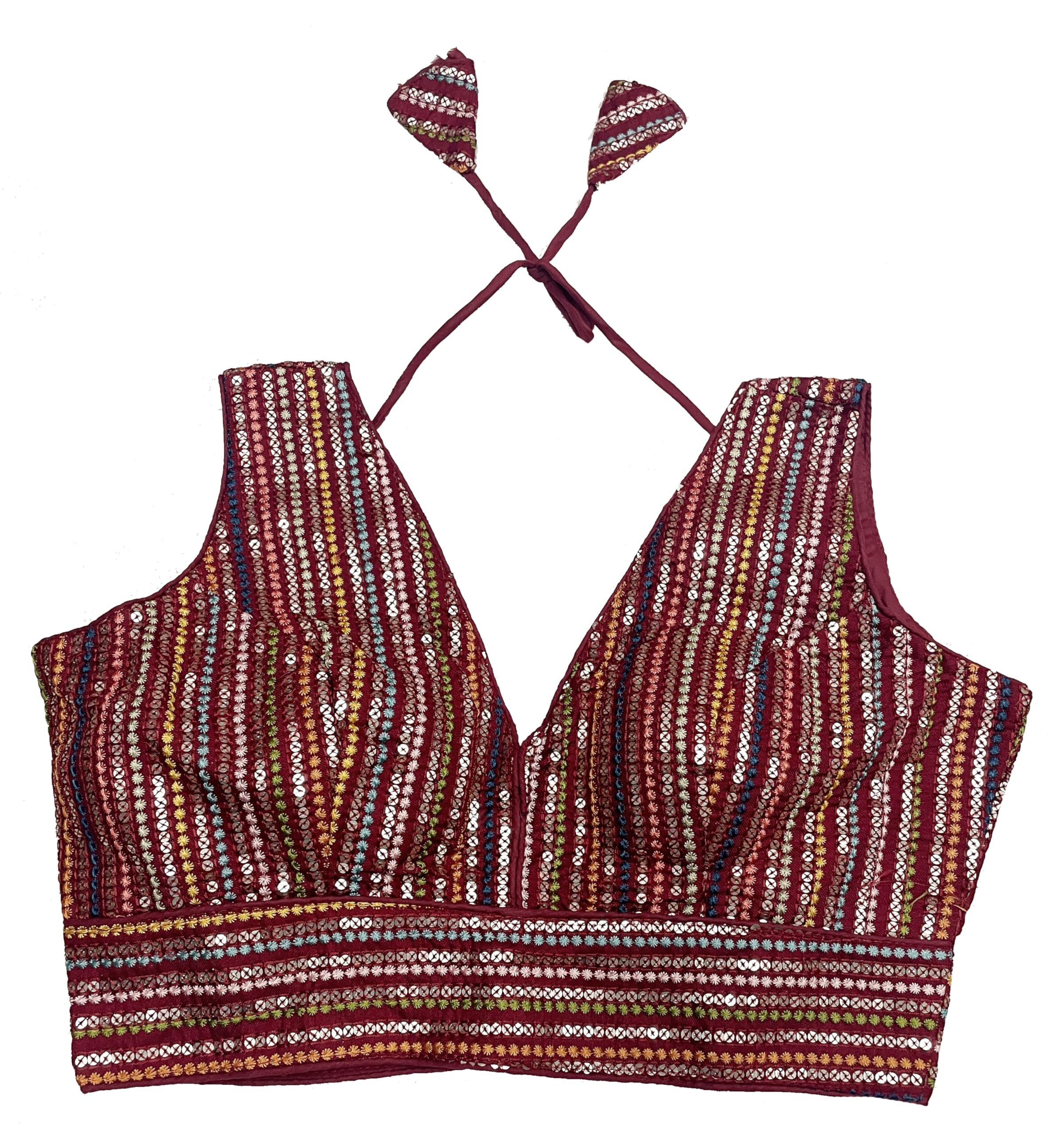 Pujia Mills Women's Sleeveless Sabyasachi Pattern V Neck Embroidery Work With Sequence Indian Ethnic Wear Readymade Saree Blouse For Lehenga Choli (Maroon, 42)