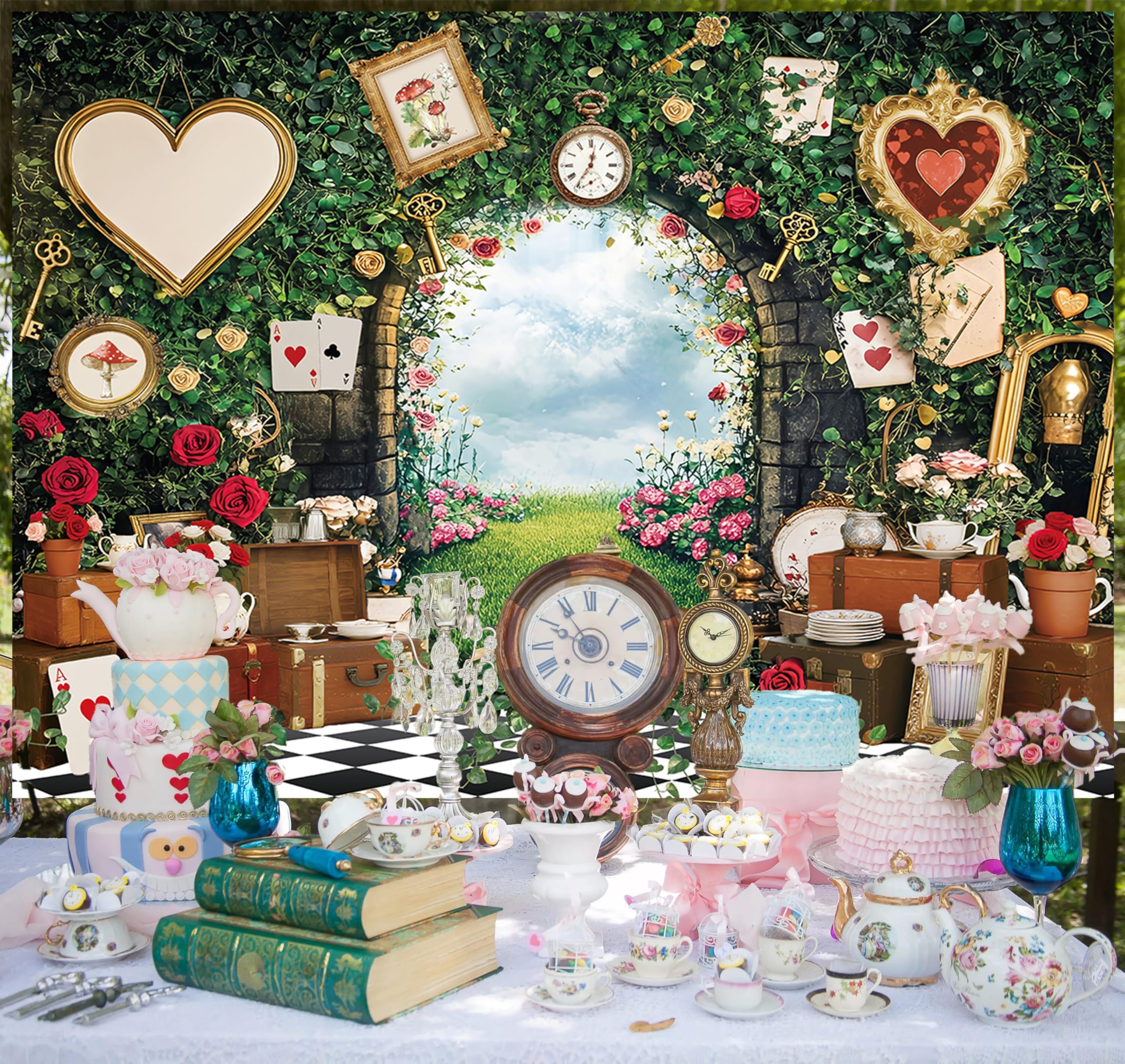 Wonderland - Sfondo fotografico con foglie verdi e rose a scacchiera con fiabe, sfondo fotografico, principessa, baby shower, feste di compleanno, striscione per ritratti fotografici (2,3 x 1,8 m)