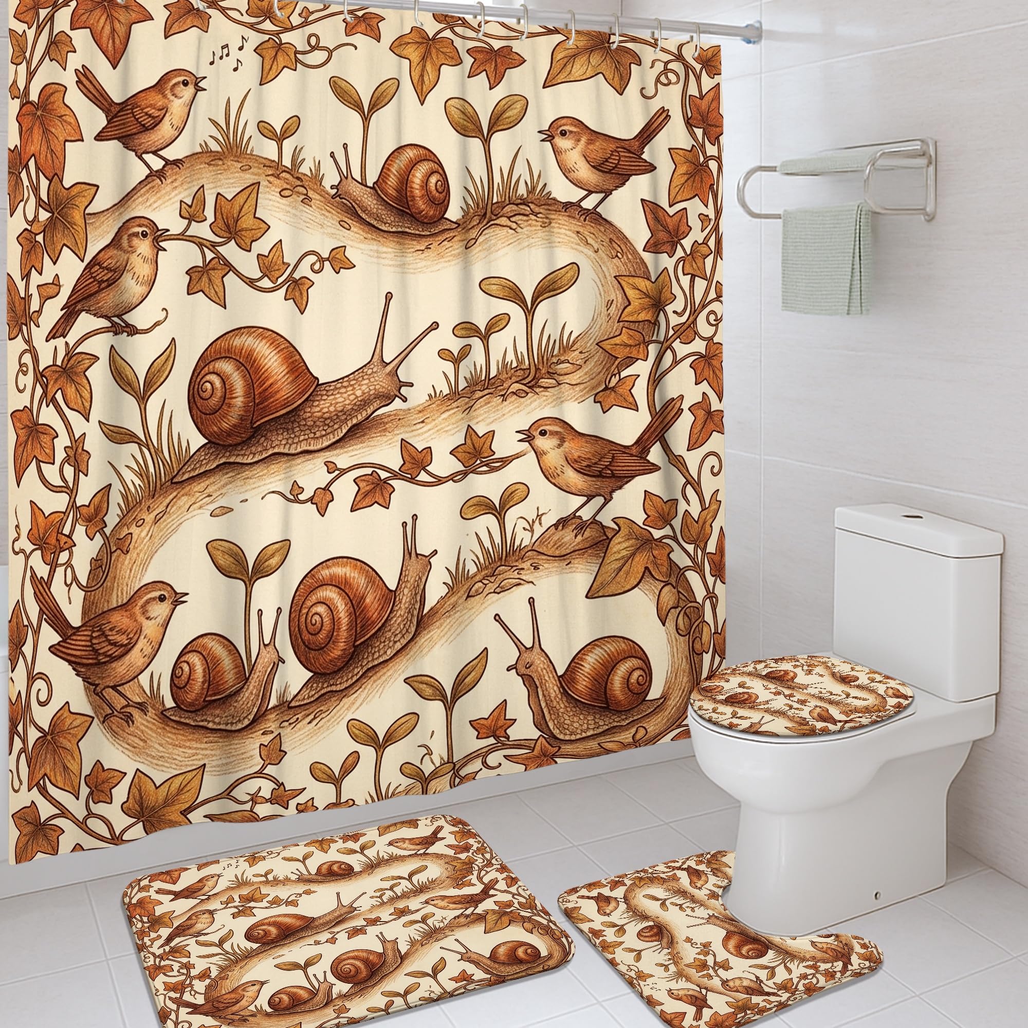 Rideau de douche polyester imperméable marron motif feuille d'oiseau et tapis de baignoire