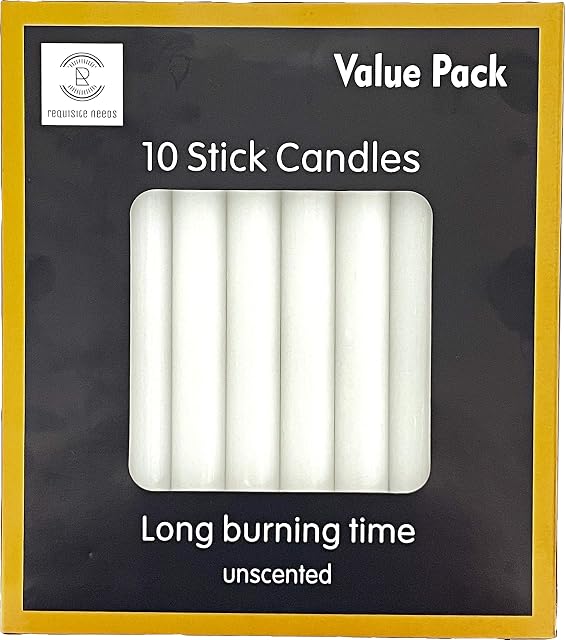REQUISITE NEEDS Pack of 10 x White Paraffin Wax Dinner Stick Candles