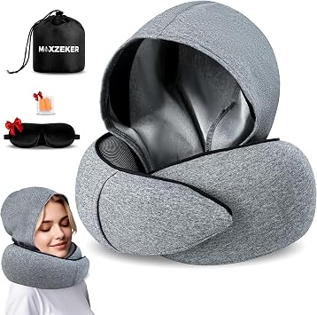 Travel Neck Pillows for Airplanes Sleep Comfortably on Long Flights, Roadtrips, Home or Office. All-in-One Travel Sleep Kit with Hood, Eyemask and Earplugs