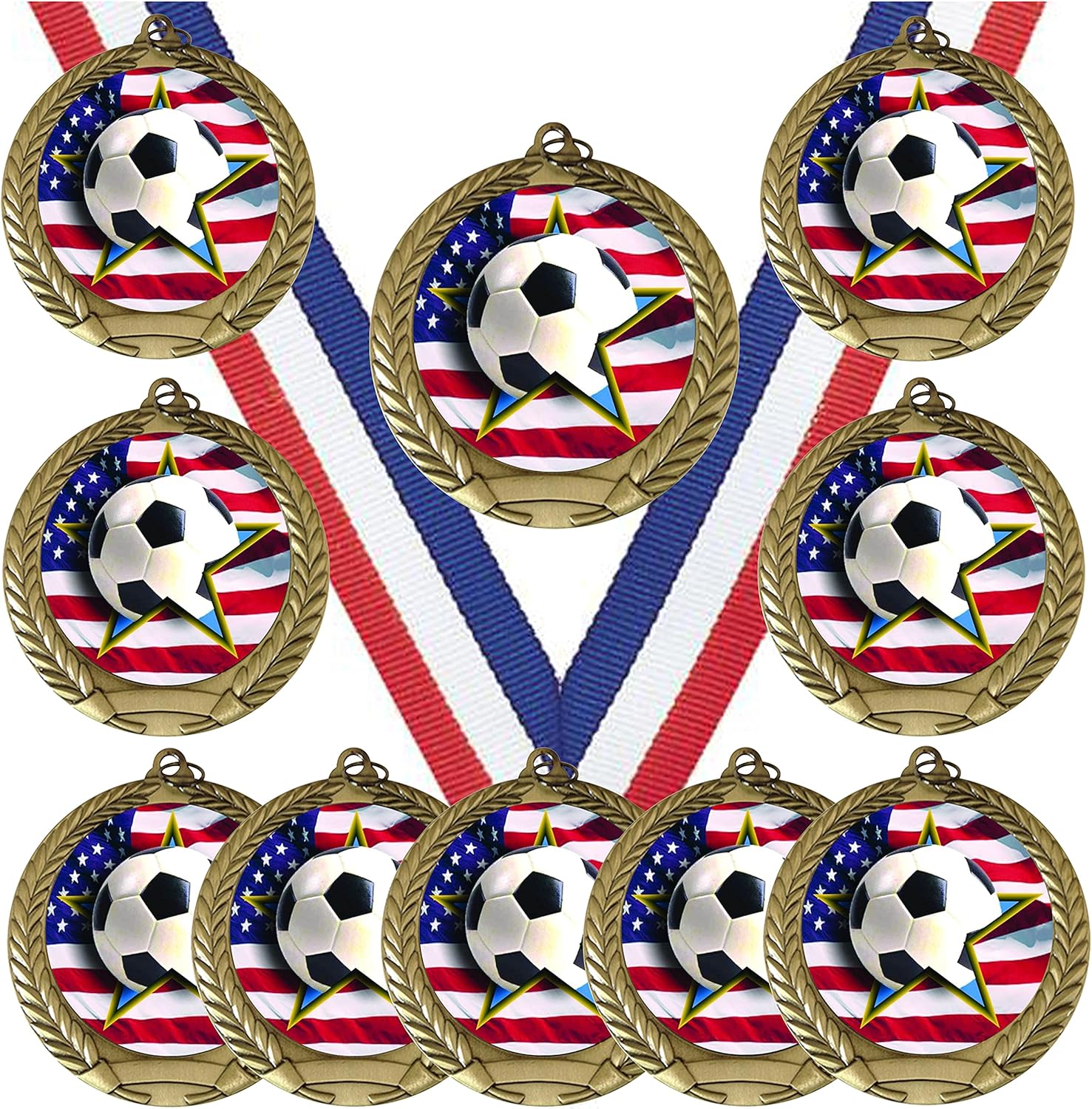 10 Pack of USA American Flag Theme Soccer Gold Medals Trophy Award with Red White Blue Neck Ribbons