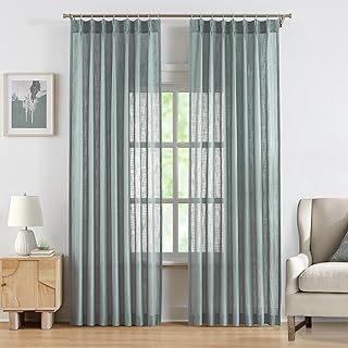 WEST LAKE 95 Inches Length Bailey Mineral Green Pinch Pleated Semi Sheer Curtain Panels,Rustic Light Filtering Drapes for Bedroom Living Room,Boho Textured Window Treatment with Back Tabs,40
