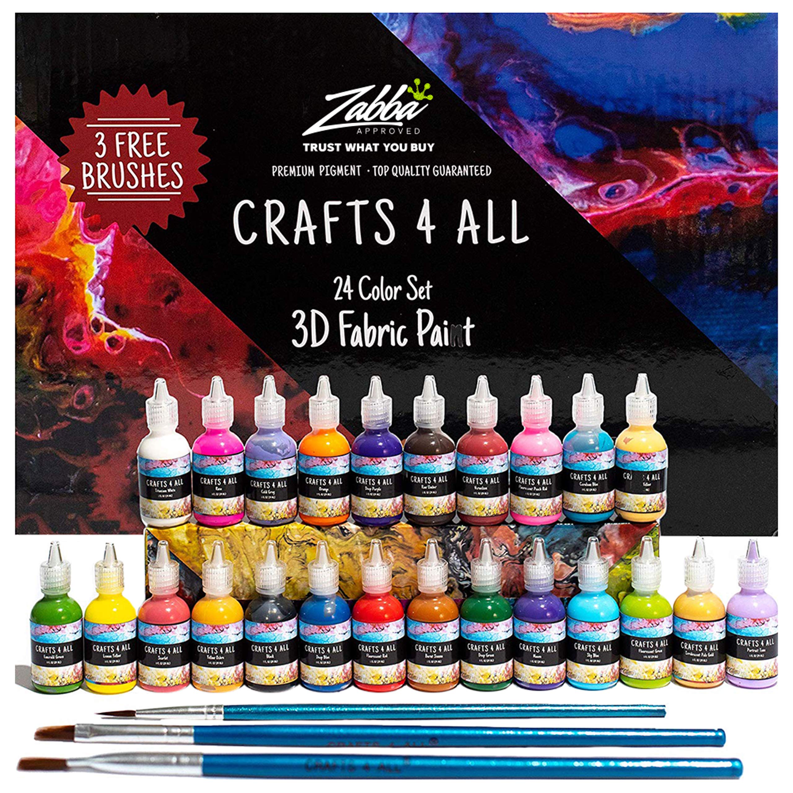 Crafts 4 ALL Fabric Paint 3D Permanent 24 Colors Set Marker Pens Style vibrant color textile paints dye for Fabric,canvas,wood,ceramic,glass by Crafts 4 ALL