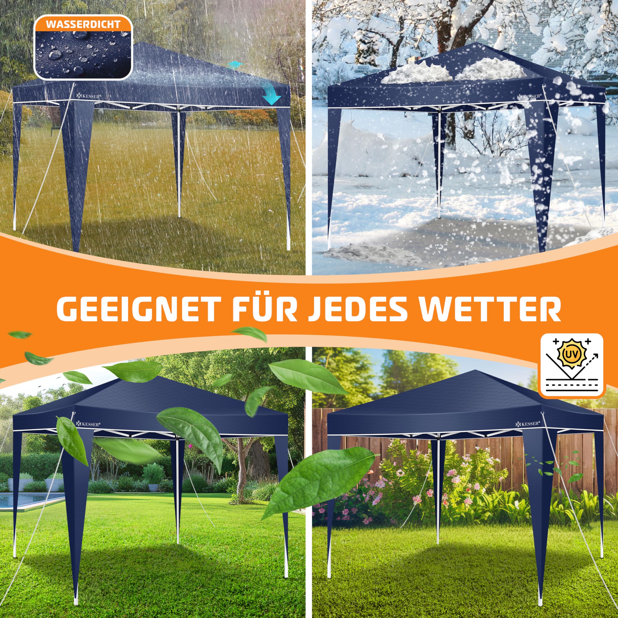 KESSER® Gazebo Pieghevole 3x3m | Pop-Up Regolabile in Altezza Stabile Impermeabile Resistente all’Inverno | Protezione UV 50+ Inclusa Borsa con Ruote & Ancoraggio al Suolo - Blu