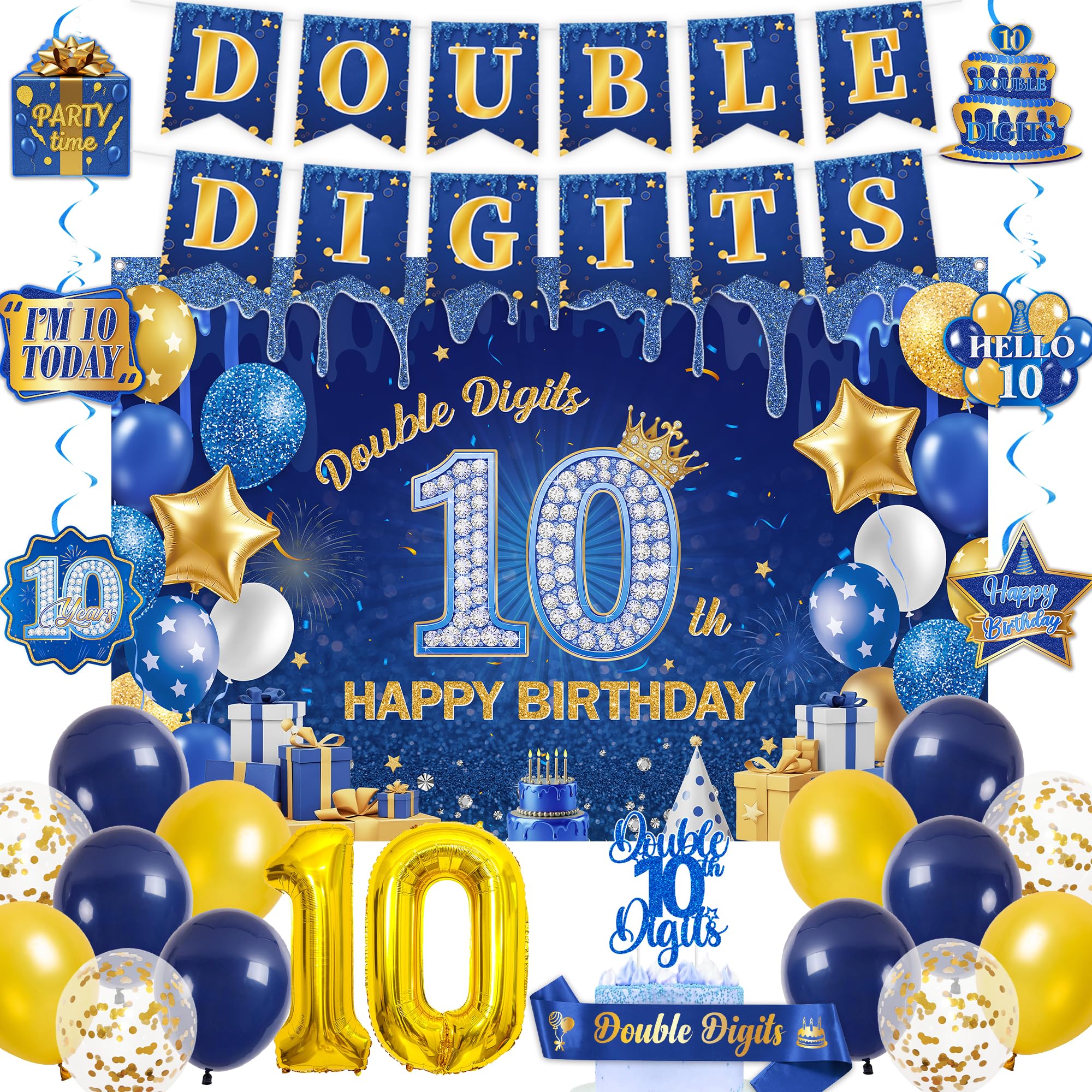 Double Digits 10th Birthday Decorations - Blue Gold Happy 10th Birthday Backdrop Banner Balloons, Cake Topper Sash and Hanging Swirls for Boys 10 Year Old Party