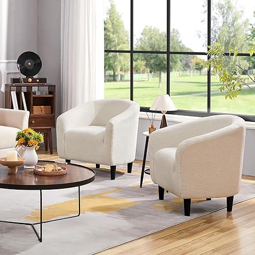 Miniatura 4 de Yaheetech Silla Accent Barrel, silla de club de tela Boucle, sillón elegante de sherpa peludo con acolchado suave y acogedor, adecuado para sala de