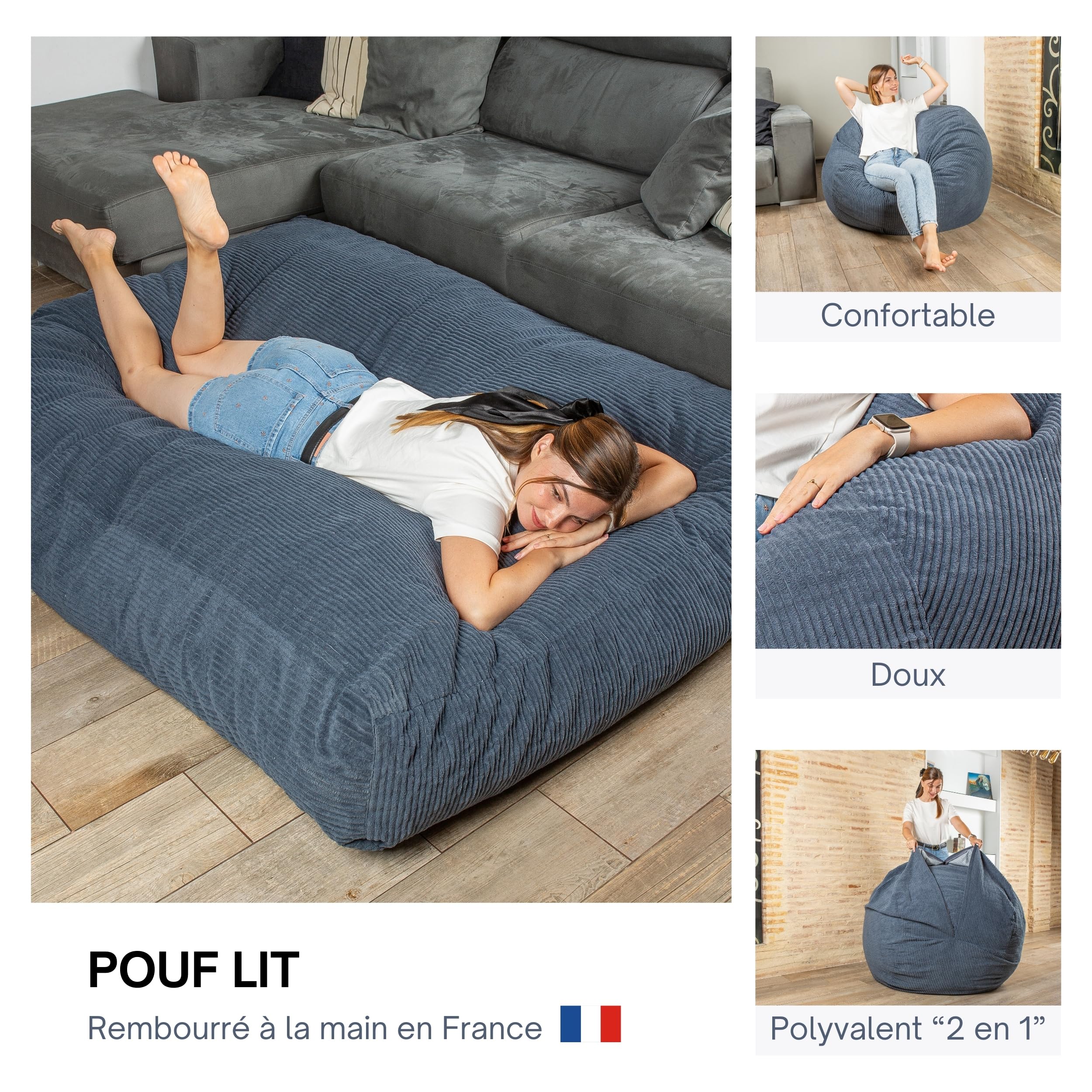 bananair - Pouf Lit Convertible en Velours Côtelé – Transformable en Matelas d’Appoint Ultra Confortable, Rembourrage en Mousse – Pouf Salon/Chambre Utilisable en Futon/Matelas de Sol (Bleu Nuit)