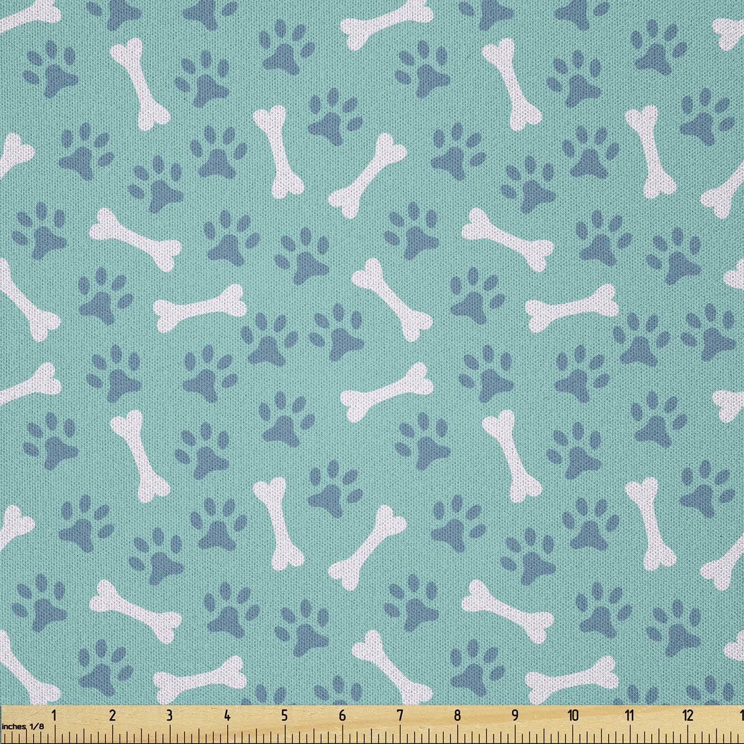 Lunarable Dog Bone Fabric by The Yard, Animal Footprints and Bone Food Pattern in Repeating Arrangement, Microfiber Fabric for Arts and Crafts Textiles & Decor, 3 Yards, Ceil Blue Seafoam and White