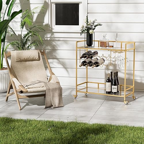 Miniatura 5 de Palama Carrito de bar dorado para el hogar, carrito de bar con estante para vino y soporte para vidrio, carrito de aperitivos de 2 niveles con 2