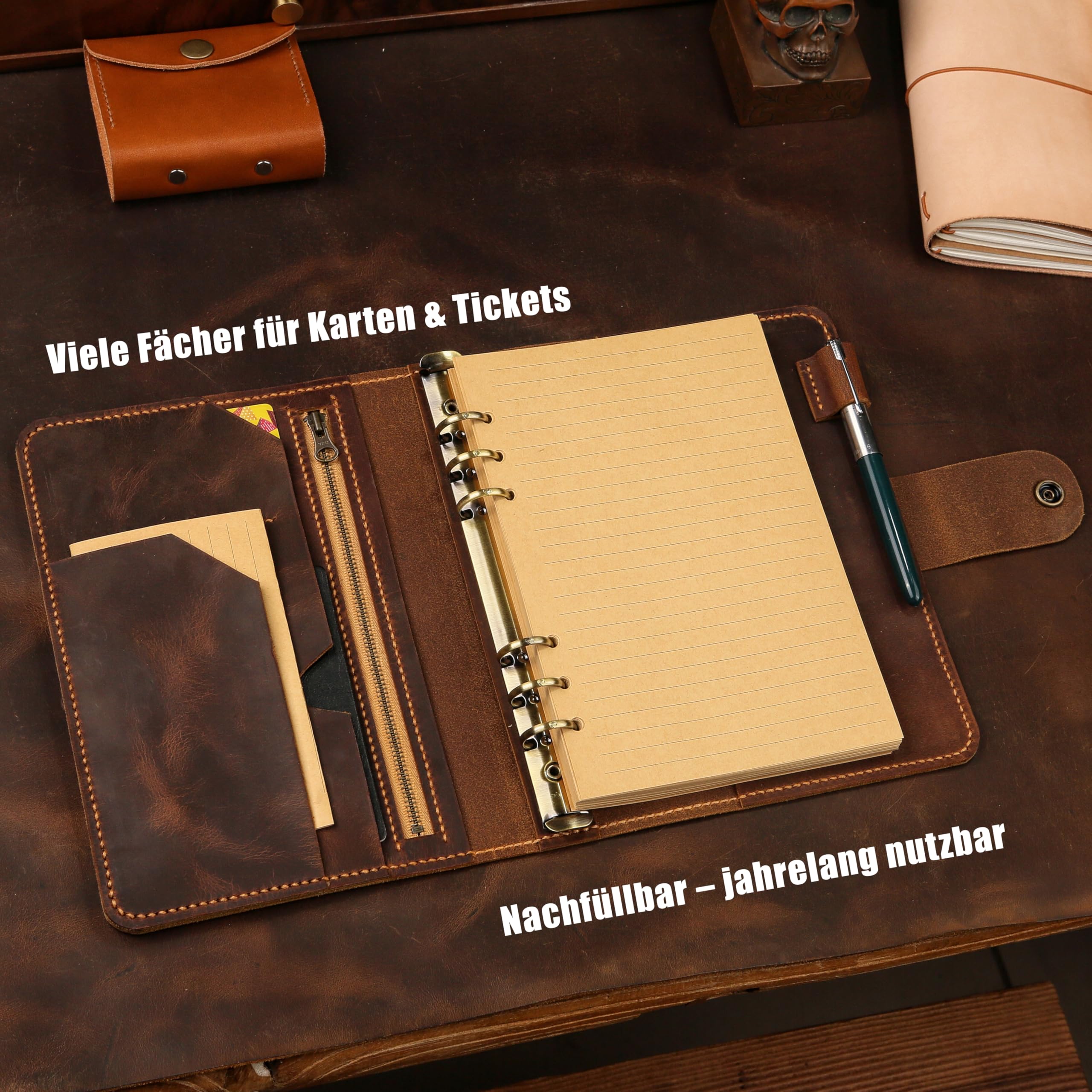 A5 Leder Organizer Ringbuch, Vintage Notizbuch, Gravur personalisiert