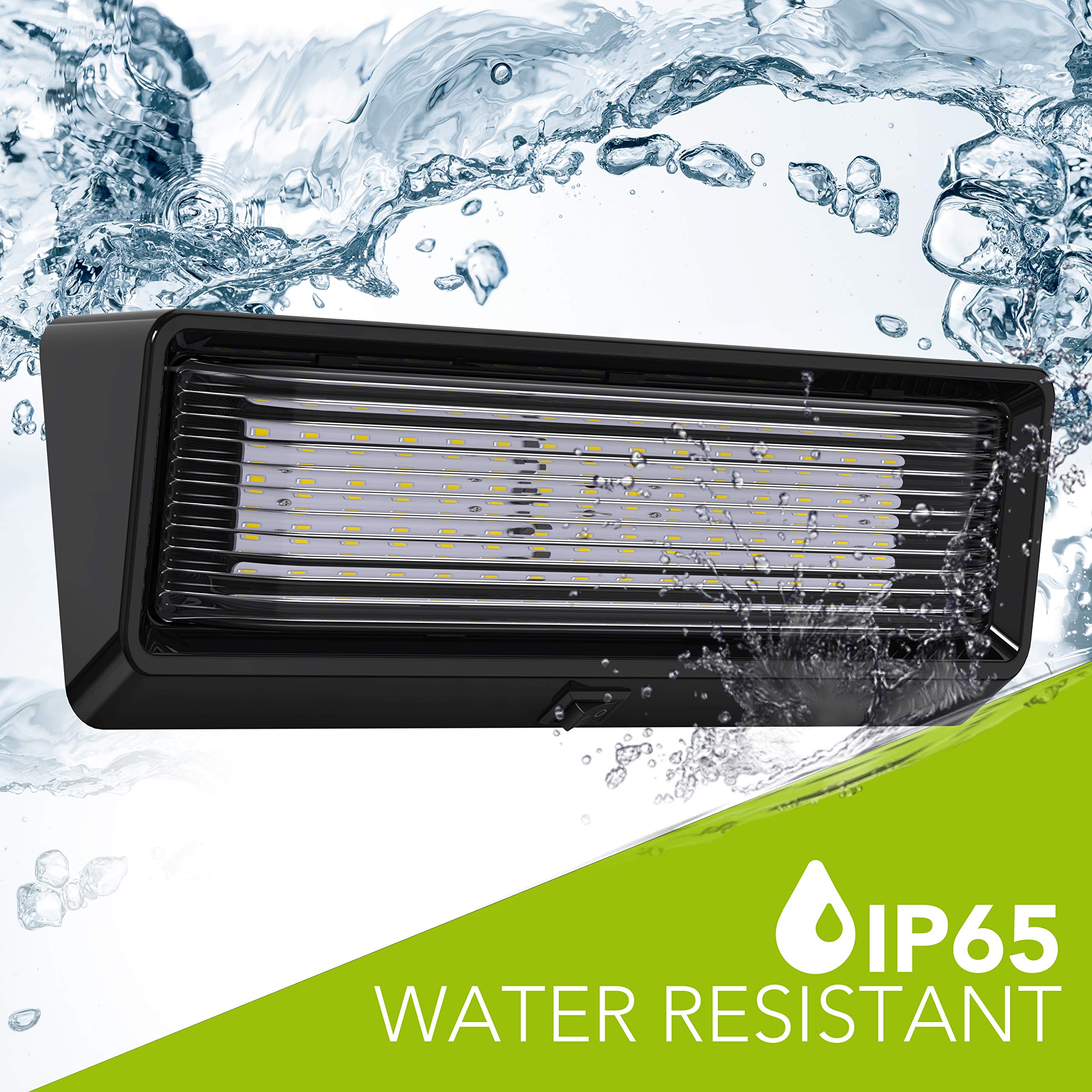 Luz de utilidad para porche exterior RV con interruptor XL 12 V 650 lúmenes. Iluminación de repuesto para caravanas, remolques, campistas, 5ª rueda XXXX base transparente (negro, paquete