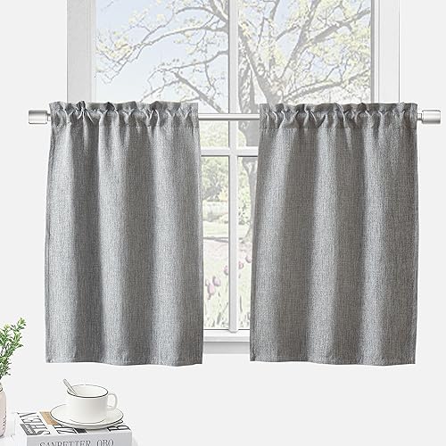 DecoHongDi Cortinas de cocina de 24 pulgadas de largo, juego de cortinas y cenefas de cocina, cortinas opacas con textura de lino de privacidad,