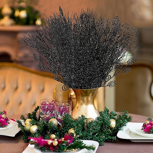 Vista 24 de Watayo 12 Pcs Halloween Artificial Curly Willow Branches, Fake Black Silver Glitter Curly Twig Stems Ornaments, Faux Halloween Glitter Sticks