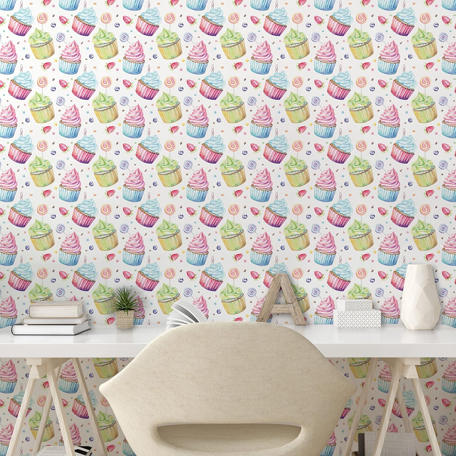 Lunarable Retro Peel & Stick Wallpaper for Home, Colorful Creamy Cupcakes and Sweets Strawberry Pattern Retro Vintage Style, Self-Adhesive Living Room Kitchen Accent, 13" x 100", Blue Green Pink