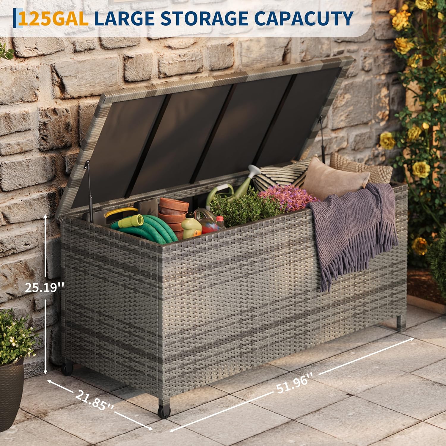 125 Gallon Large Deck Box Waterproof PE Rattan Outdoor Storage Box with Handles and Wheels, Storage Bin for Garden, Balcony, Porch, Pool, Yard