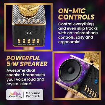 KaraoKing Karaoke Microphone - Wireless, Bluetooth Karaoke Machine for Kids & Adults - Includes Mic with Speaker & Phone Holder - Perfect for Rock n' Roll Parties (H8 Yellow Gold)