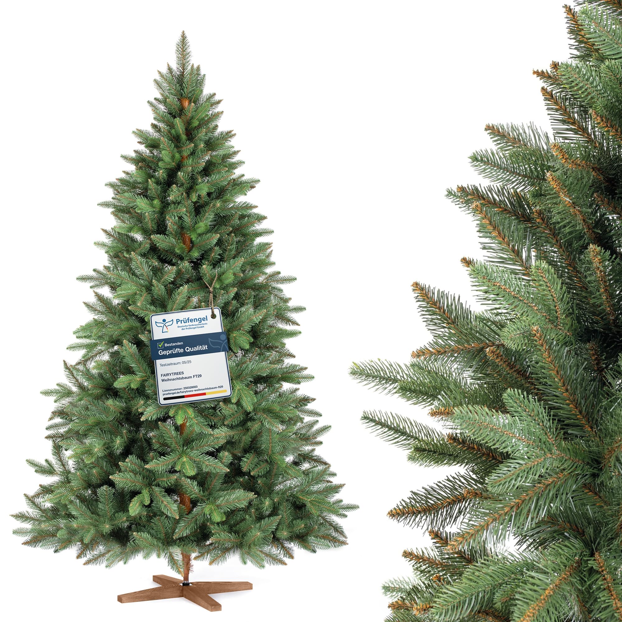 FAIRYTREES Weihnachtsbaum künstlich, Nordmanntanne Premium 180 cm, Naturgetreue Spritzguss Elemente, Künstlicher Weihnachtsbaum mit handgefertigtem Ständer aus Eschenholz
