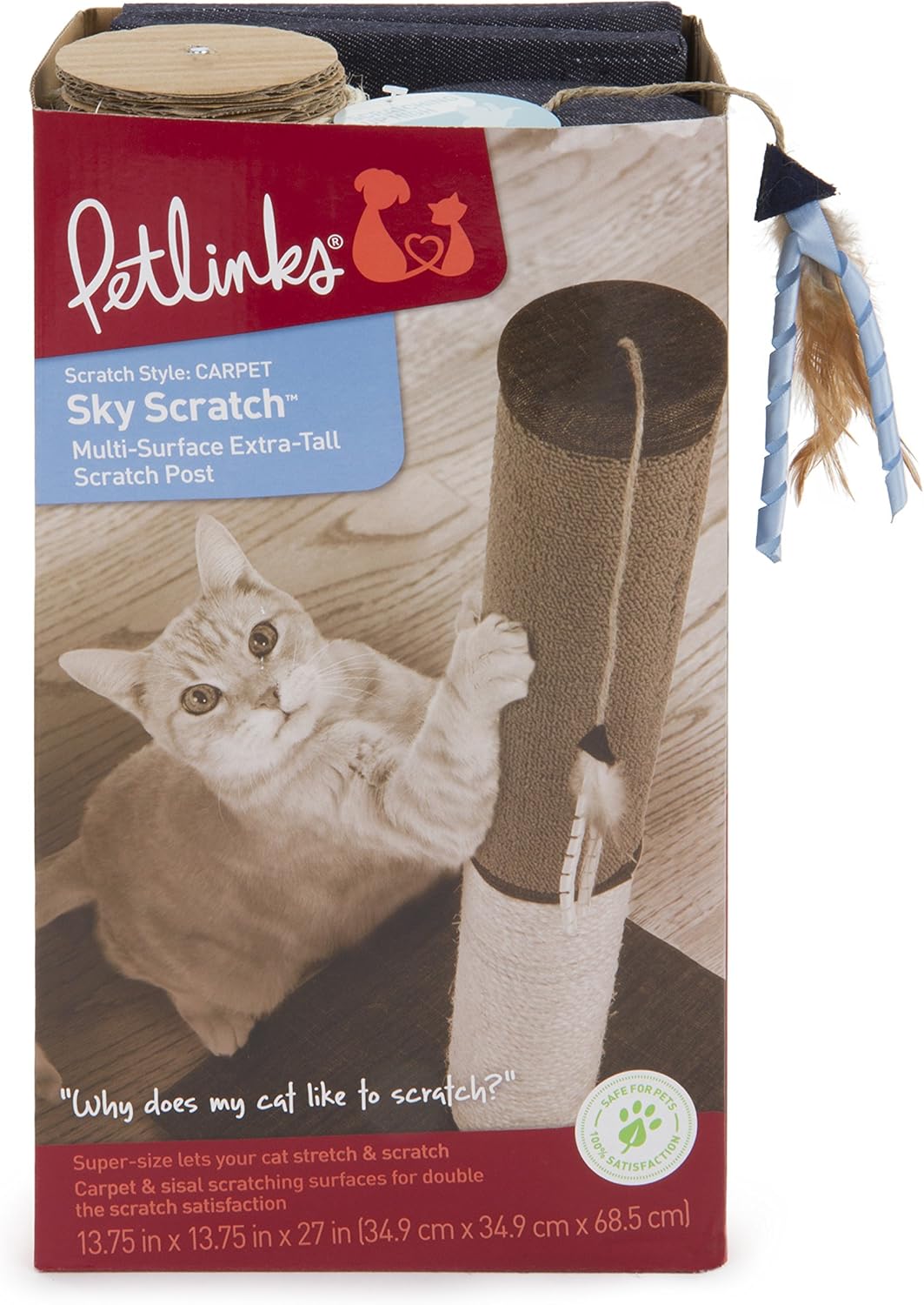 Petlinks 49905 Sky Multi-Surface Extra-Tall Cat Scratch Post with Feather Ribbon Cat Toy : Pet Supplies