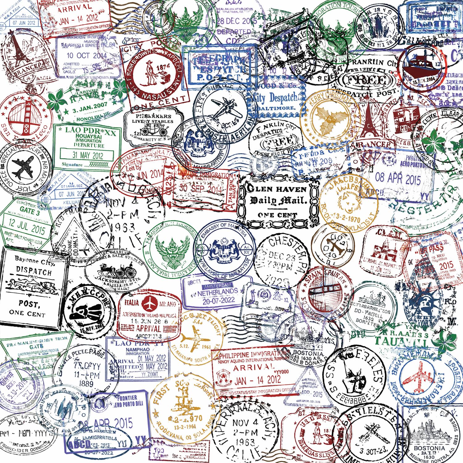 60 Pcs Travel Stickers for Luggage | Clear PET Waterproof Passport Stamp Country Stickers for Phone Case Suitcase Water Bottle | Retro Postmark Travel Scrapbook Supplies