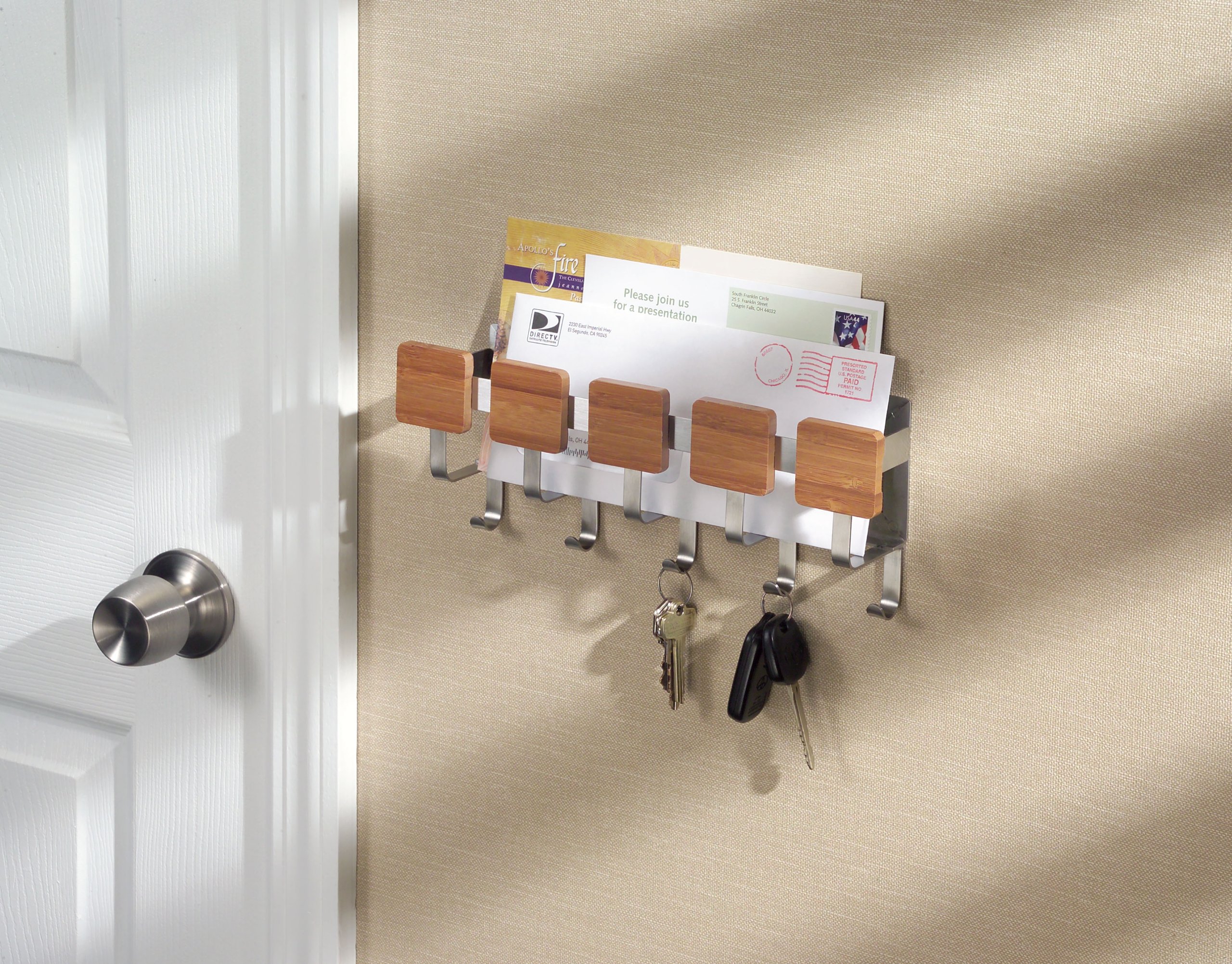 interDesign Formbu Wall Mount Key and Mail Rack, Bamboo/Brushed Stainless Steel