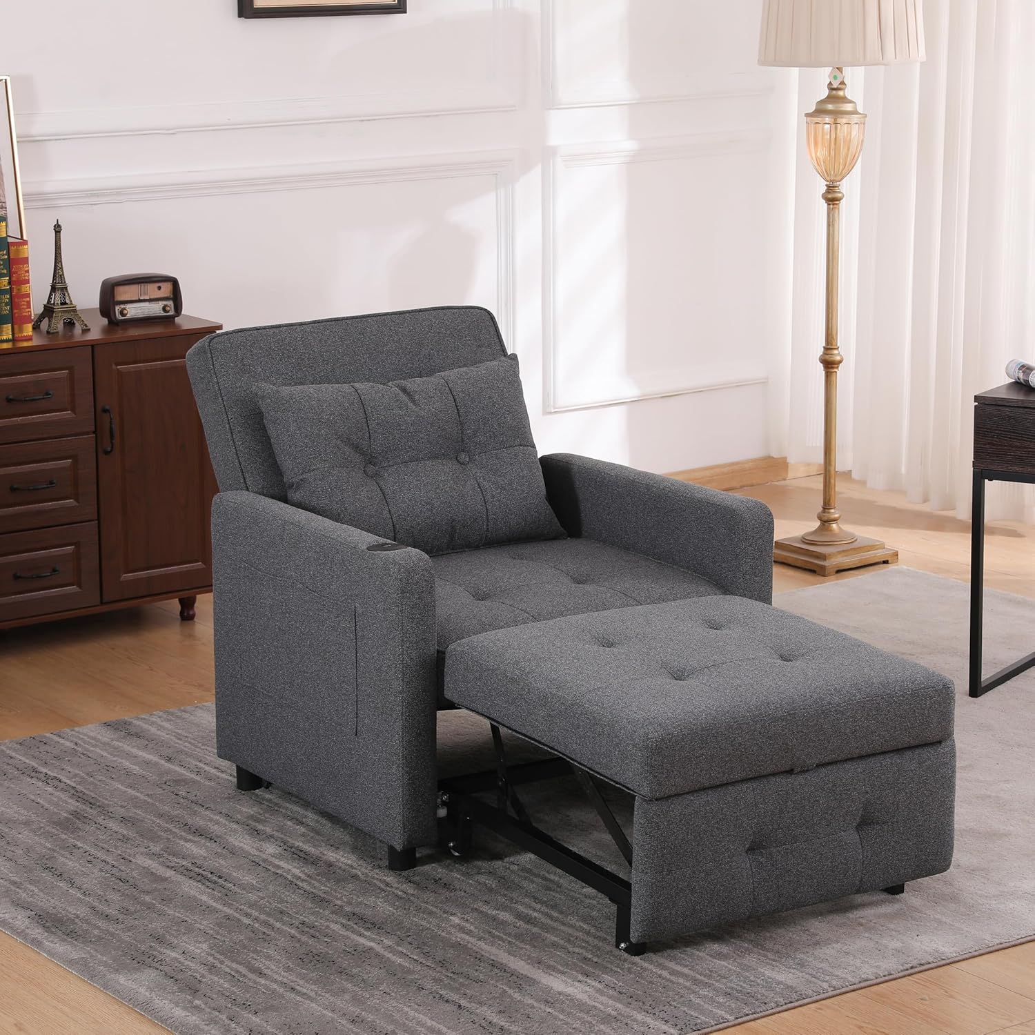 Ball & Cast 3 in 1 Sleeper Sofa Bed,Convertible Pull Out Couch with USB Ports and Side Pocket,Single Sofa Chair W/Adjustable Backrest,Futon Chaise Lounge for Living Room,Apartment,Antique Grey,31"