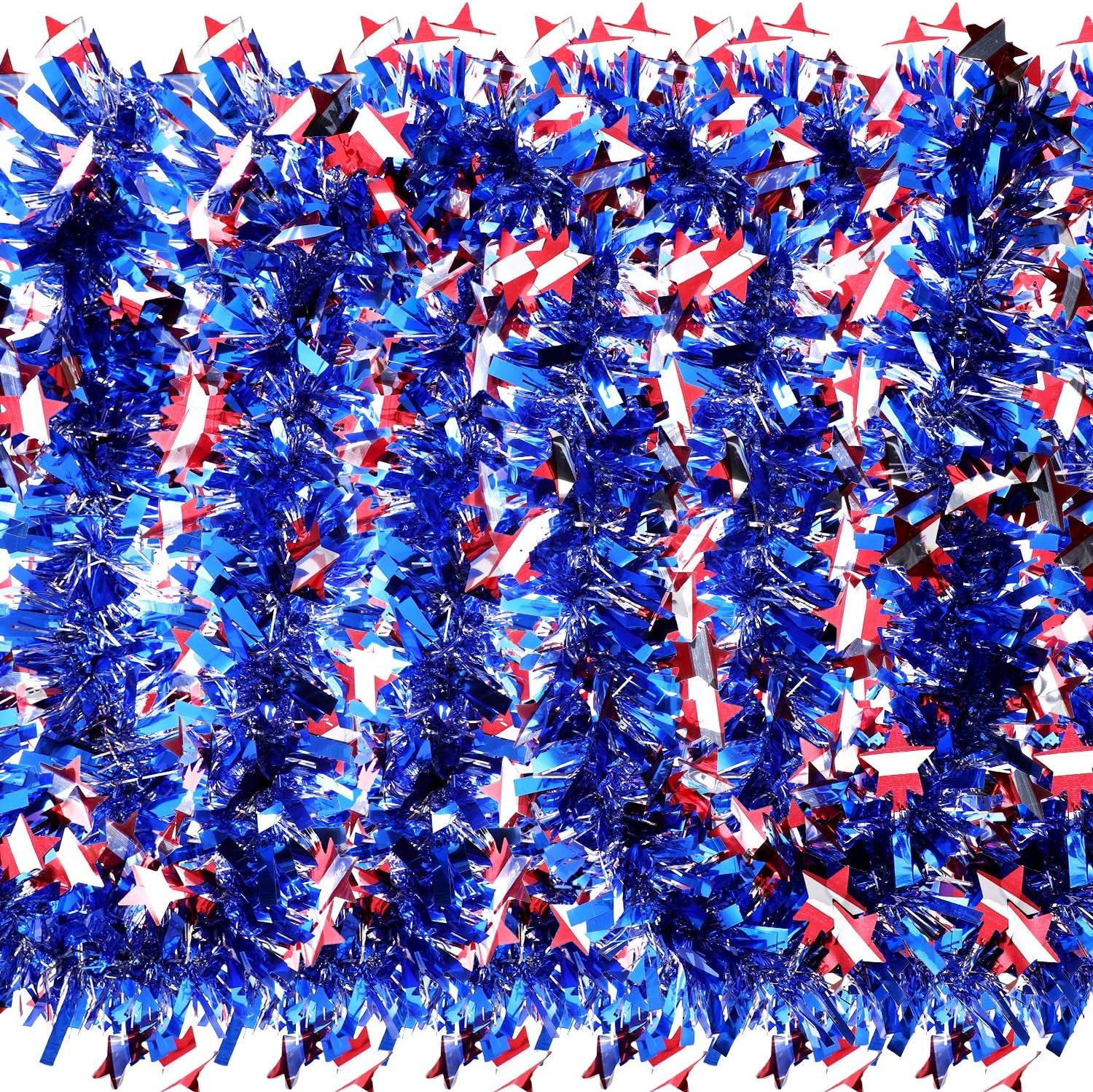 WILLBOND 4th of July Decoration Red White Blue Tinsel Garland Patriotic Metallic Chunky Glitter Tinsel for Memorial Day Independence Day Celebration Holiday Decorations(30 Pieces,200 Feet)