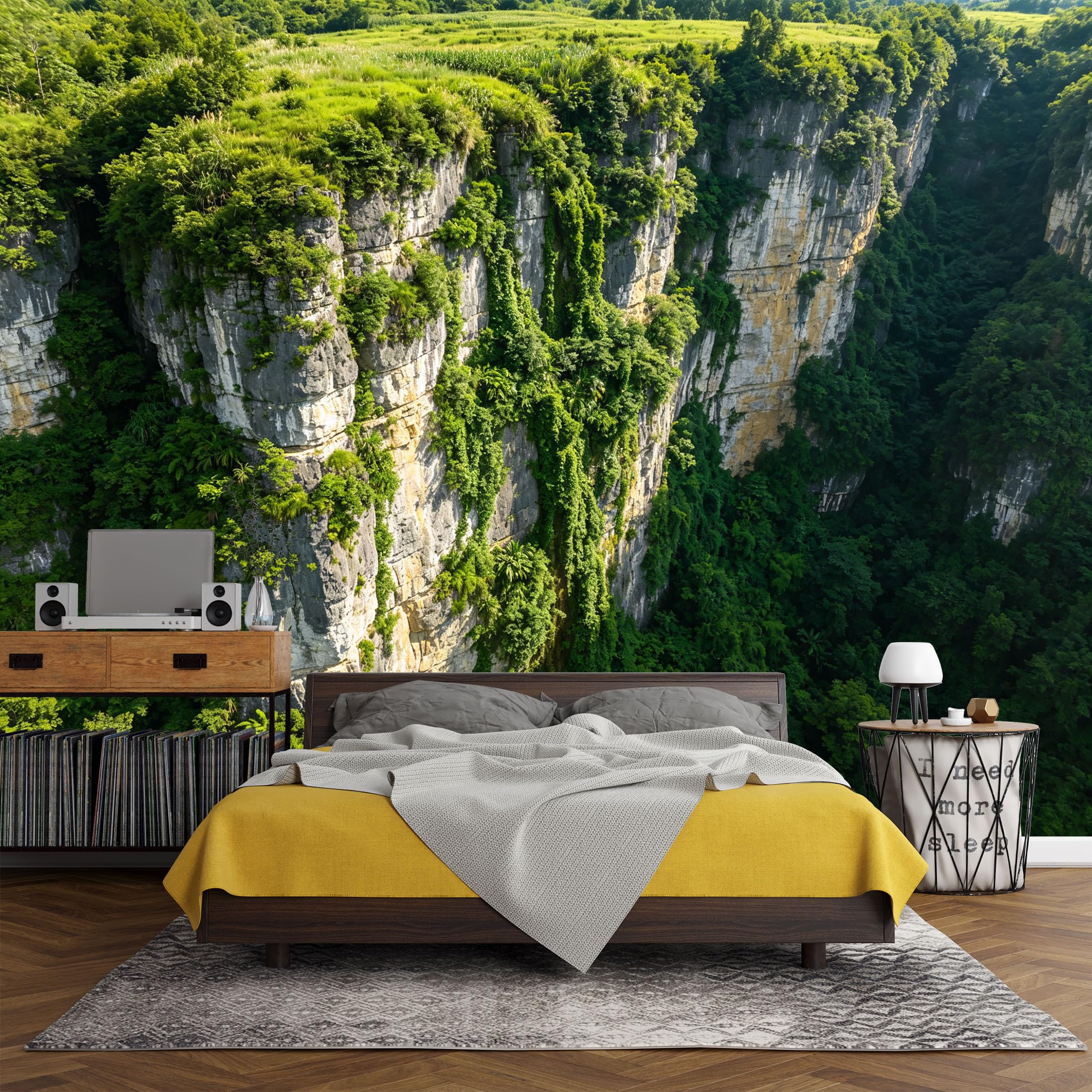 Custom Size Wall Mural， Mountain Cliff Forest Canyon Landscape Nature Green Rocky Scenery，SelfAdhesive Art Prints wall Fabric (No PVC) Removable Wallpaper Living Room Decor