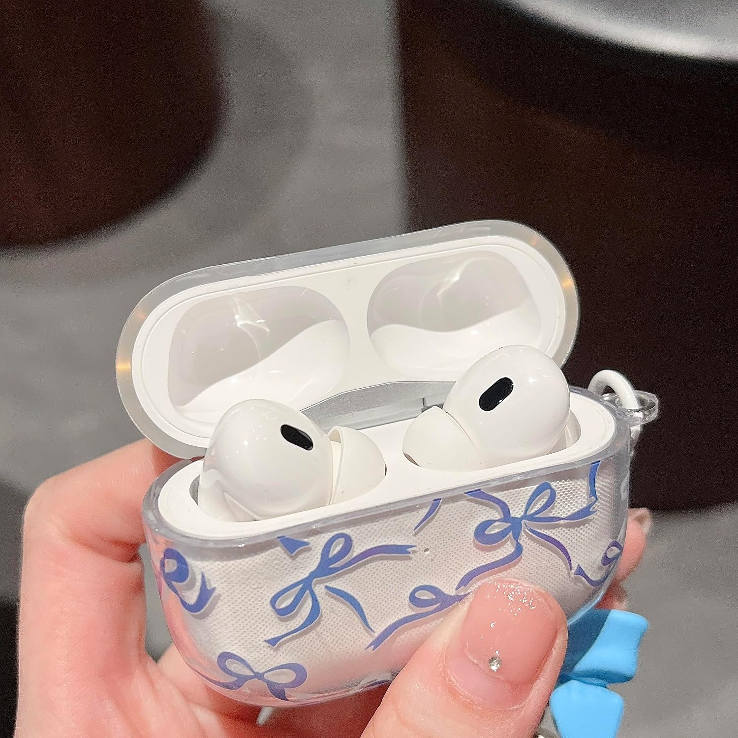 MINSCOSE for AirPods Pro 2nd/1st Generation Clear Case,Cute Ribbon Bow Pettern Design with Lovely Bow Pearl Keychain,Soft TPU Protective Shockproof Case for Airpods Pro/Pro 2-Dark Blue image 5