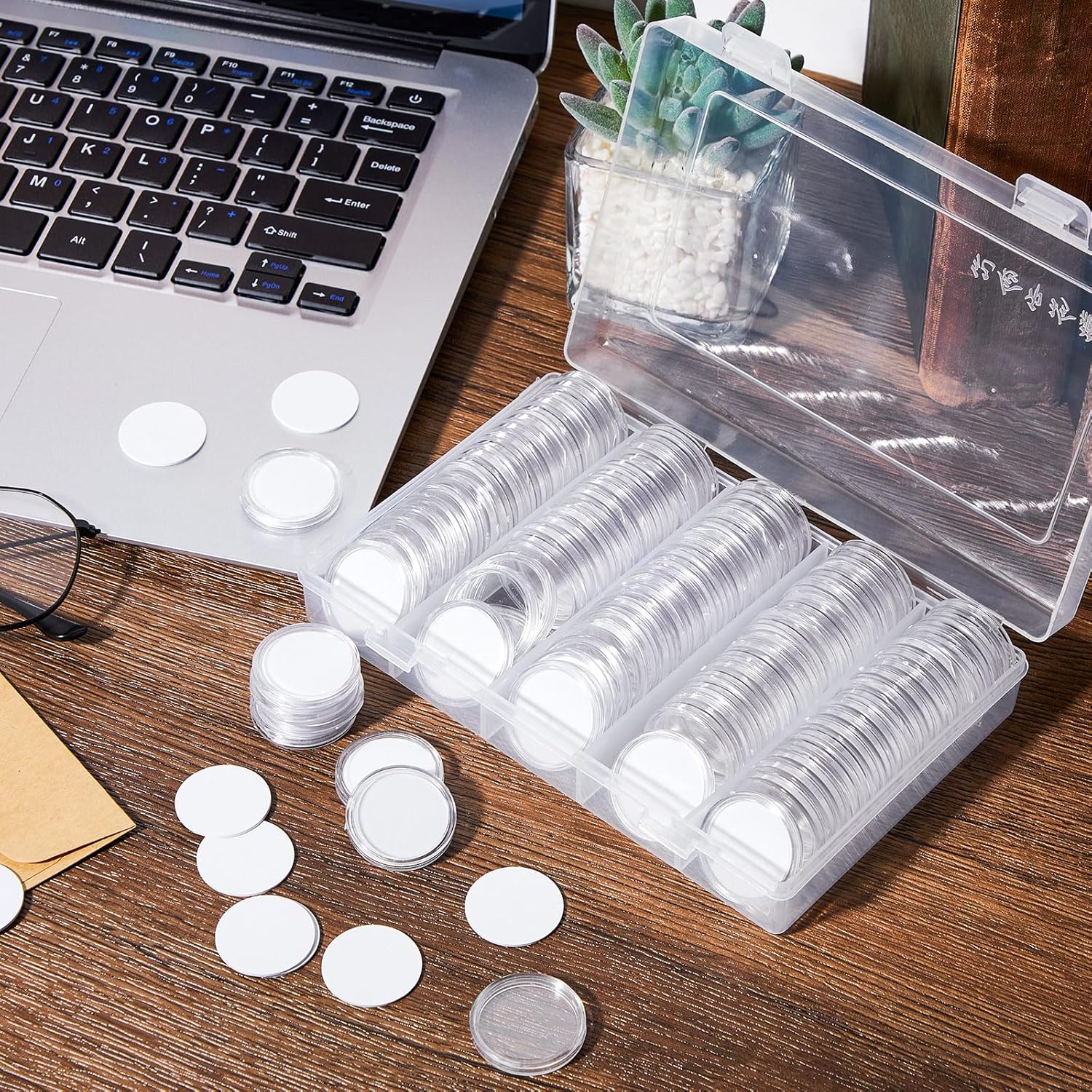 AceOrbit 100 Pcs NFC 215 Round Cards with 100 Coin Card Protector Case Programmable 25mm Blank NFC215 Coin Tags Compatible with Most NFC Phones and Devices, with Large Storage Box(White)
