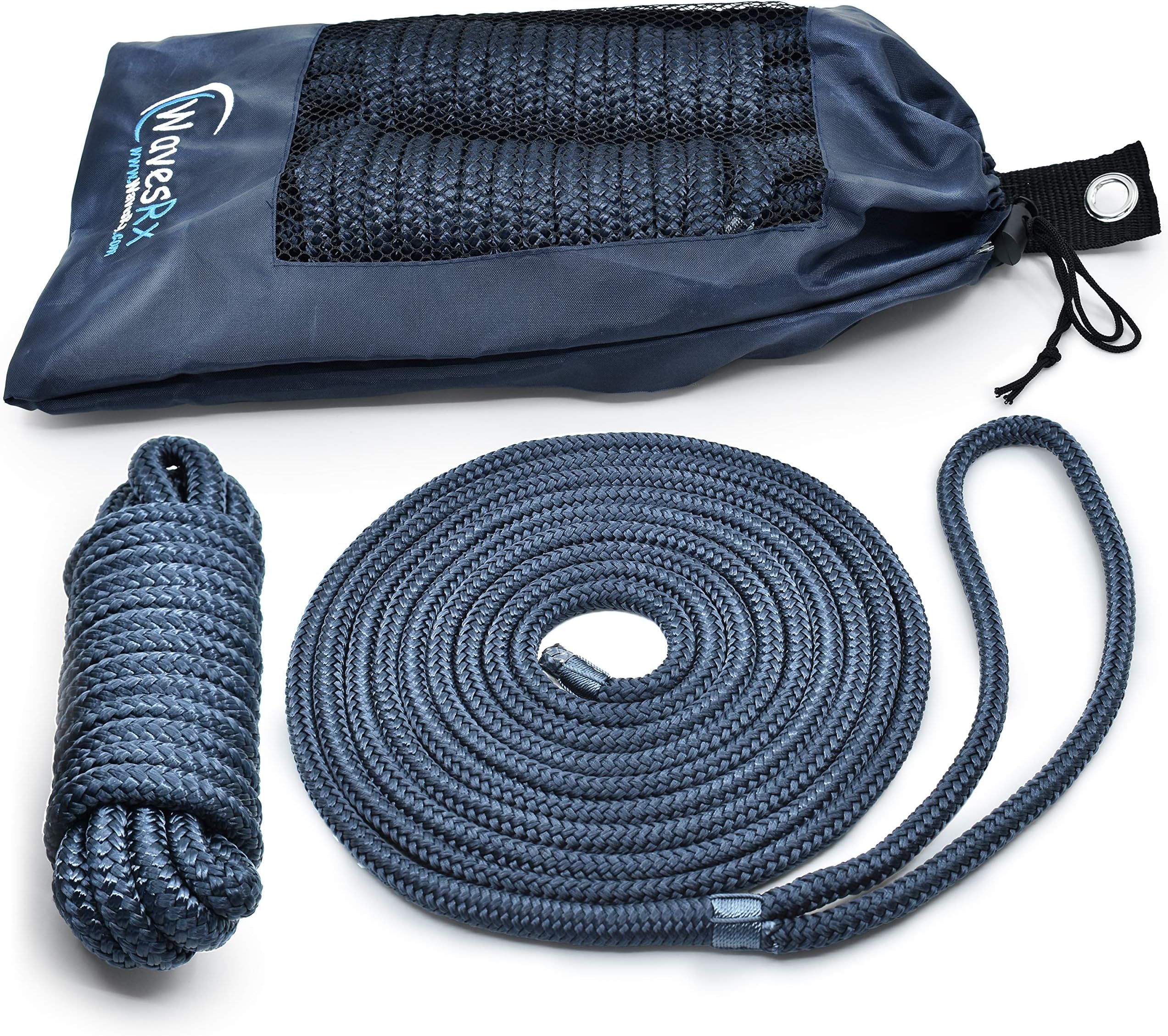 WAVESRX Premium Boat Dock Line ⅜” x 15’ (2 Pack) | Double Braided Nylon Marine Mooring Rope | Low Stretch and High Shock Absorption, 12” Spliced Eyelet + Storage Bag | Resist Oil, Sun and Saltwa