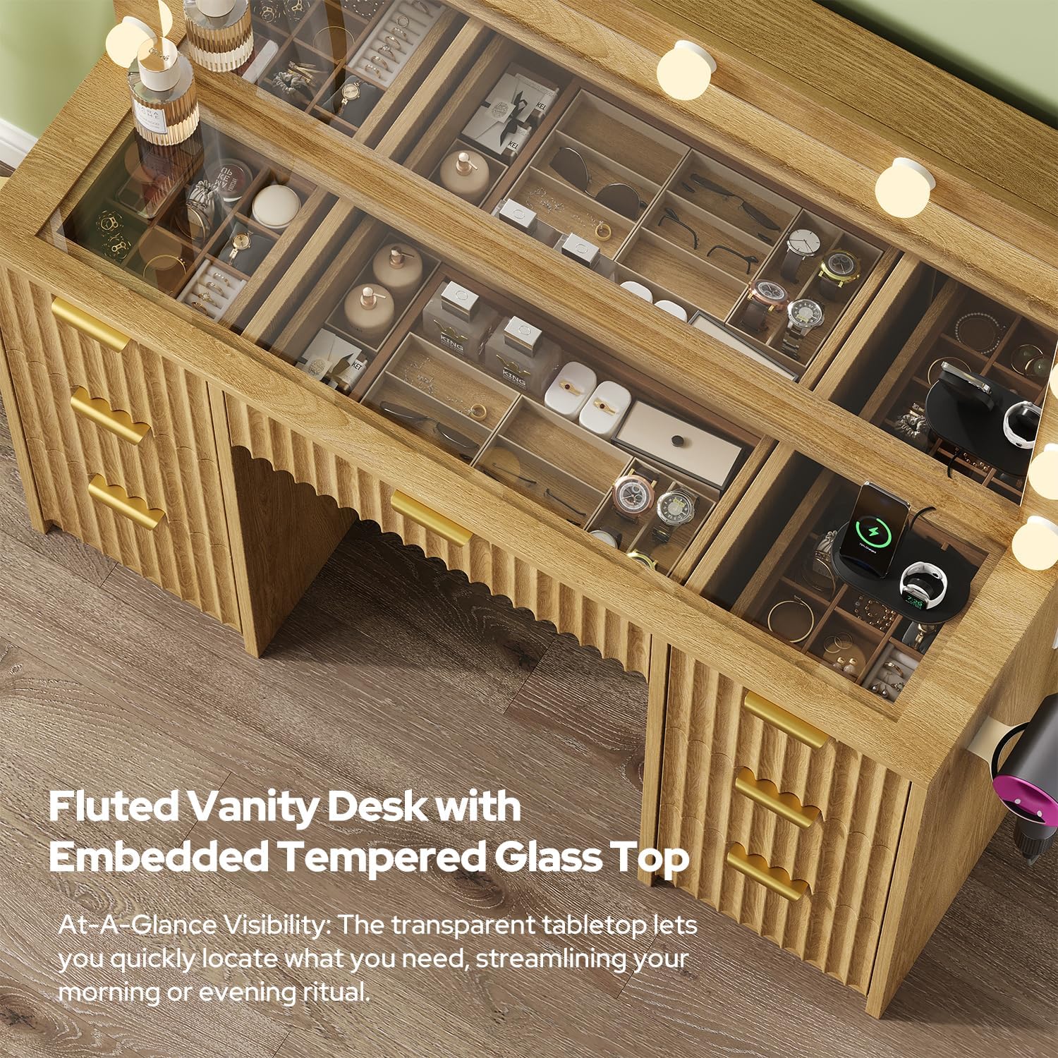 Vanity desk with multiple drawers open, showing storage capacity